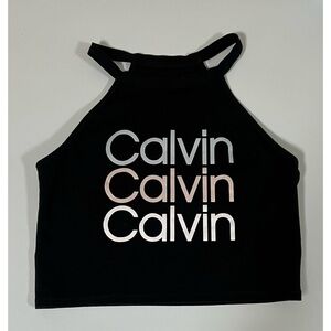 Calvin Klein Black Logo Graphic Halter Tank Top Shirt Workout Tee Size S ✨ #top